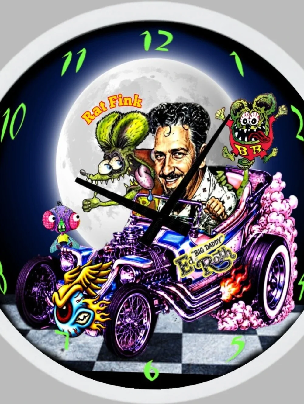 Neon Purple Rat Fink Hot-Rod Wall Clock - Colorful Art Clock